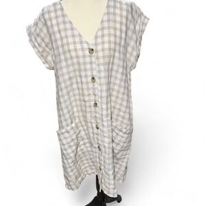 Lou & Grey 100% Linen Beige Gingham Shift Dress Size M Cottagecore